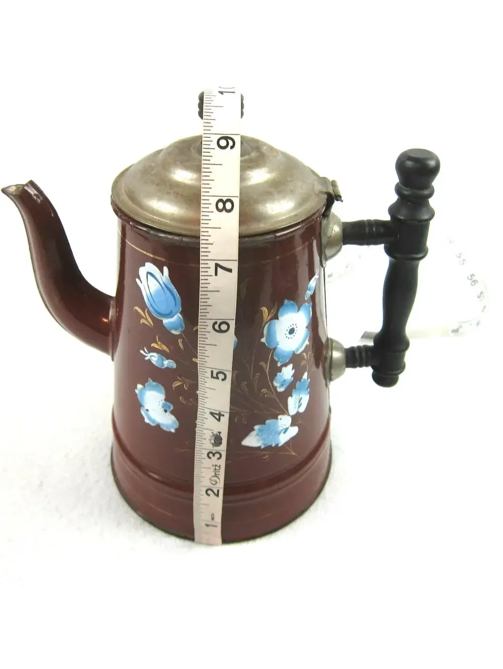 Antique Enamelware Coffee Pot Boiler Brown & Blue Flower Floral Lid Handle RARE